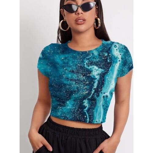 3d Tshirt Dark Blue T shirt Women Abstract Navel Bare Psychedelic Tshirts Casual Art Shirt Print Womens Clothing Hip Hop New