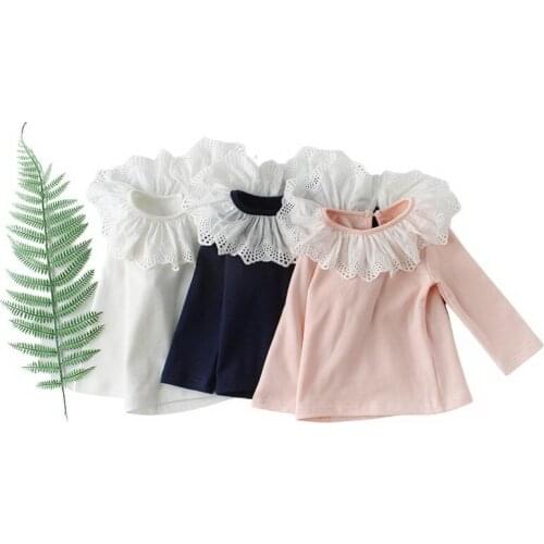 Baby Girls T-shirt Lace Pink White Navy Collar Long Sleeve Spring Summe Pure Cotton Korean Toddler Tops New Born Clothes Blouse