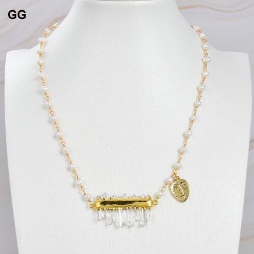 GuaiGuai Jewelry Cultured White Rosary Pearl Necklace Clear Quartz Druzy Bar Pendant 18"
