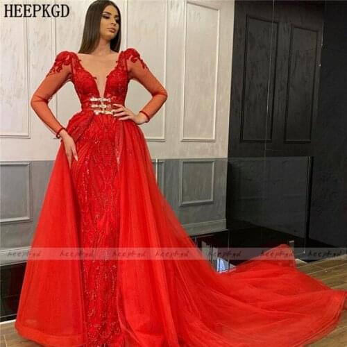 Red Lace Saudi Arabic Mermaid Evening Dress Detachable Train Long Sleeves Plus Size Formal Dresses Customize Special Prom Gowns
