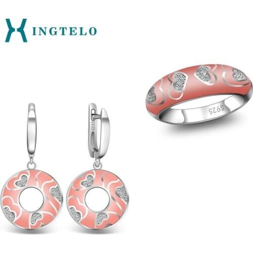XINGTELO Pink Enamel White Crystal 925 Sterling Silver Round Earrings Ring Wedding Jewelry Set for Woman Bridal Accessories