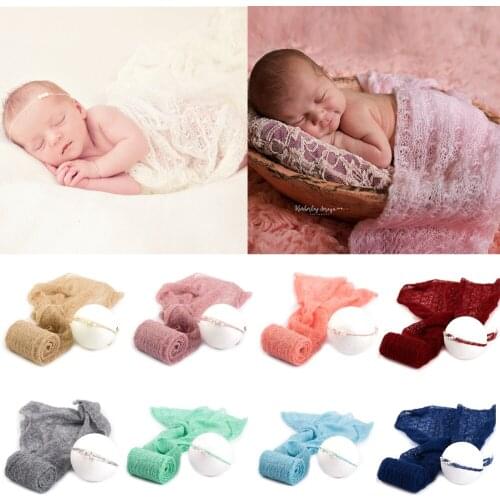2PCS/Lot Photo Shooting 150x40CM Stretchy Knit Mohair Wrap with Matched Infant Headband for Newborn Baby Photography Accessories