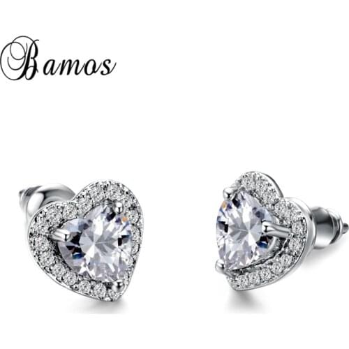 Bamos Fashion White Heart Shape Stud Earring AAA Zircon Filled Jewelry For Women Christmas Gifts High Quality Double Earrings