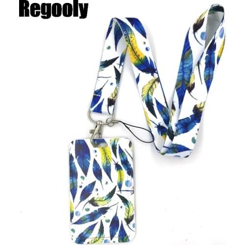 Blue Starry Sky Feathers Leaves Lanyard Credit Card ID Holder Bag Student Women Travel Card Cover Badge Car Keychain Decorations