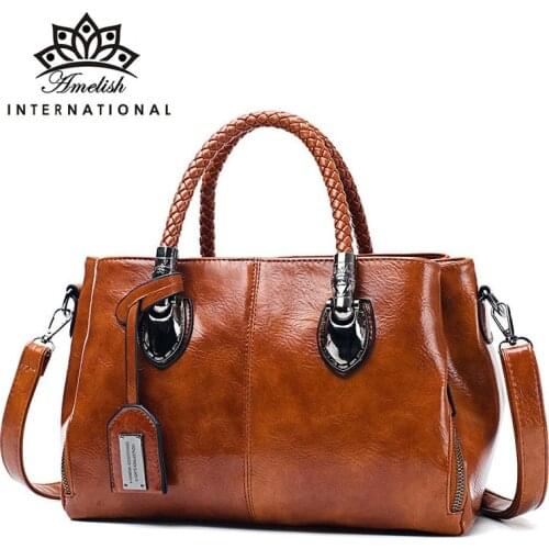 AMELISH Genuine Leather Oil Wax Shoulder Bags for Women 2021 Big Capacity Business Bag Ladies Casual Totes Designer Handbags