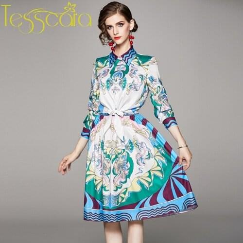 TESSCARA Women Runway Designer Vintage Print Dress Shirt Suit Set High Quality Elegant Office Party Robe Femme Autumn Vestidos