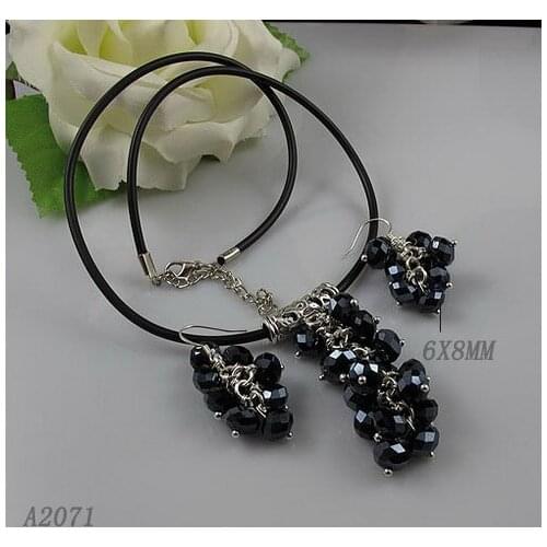 Unique Pearls jewellery Store,Black Leather Dark Blue Crystal Grape Necklace 925 Silver Dangle Earrings,Perfect For Woman Gift