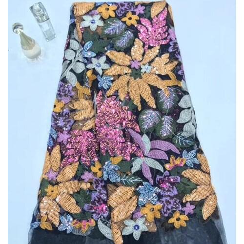 Stock 5yards A8420 new 2019 black mesh colorful shining sequin embroidery net mesh lace fabric for sawing evening bridal wedding