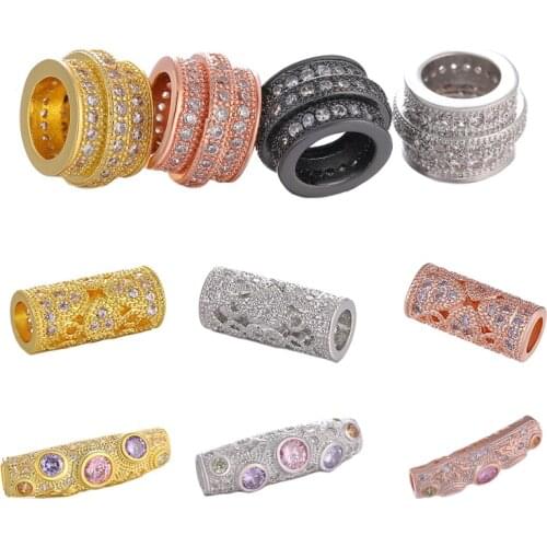 Juya DIY Beaded Jewelry Charm Beads Supplies Handmade Micro Pave Cubic Zirconia Big Hole Decorative Metal Tube Beads Wholesale