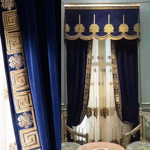 European French court blue flannel taped embroidered curtain living room bedroom upscale villa high-rise window window curtain