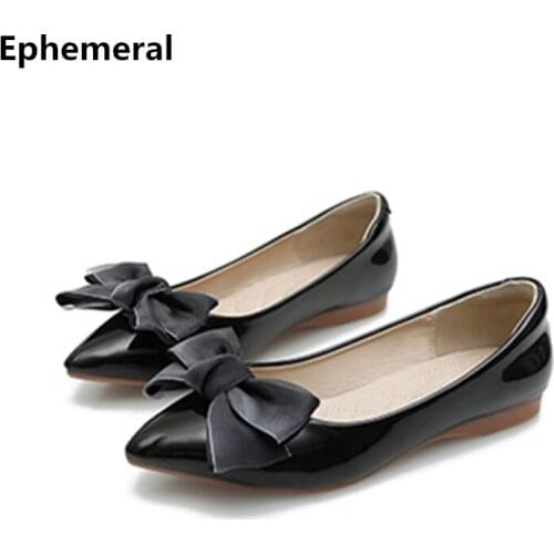 Women Patent Leather Bow Knot Flats Pointe Toe Plus Size 34-44 Black Red TPR Soft Sole Outdoor Breathable Slip Ons Brand Shoes