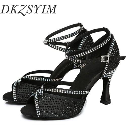 DKZSYIM Rhinestone Dance Shoes Women Shiny Ballroom Pratice Latin/Salsa Dance Shoes Soft Soles Dance Sandals High Heels 6-10CM