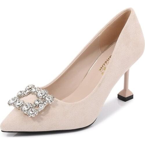 2020 new spring autumn casual high-heeled shoes women pumps Rhinestones Flock Slip On 6CM Thin High Heels Pointed Toe Shallow