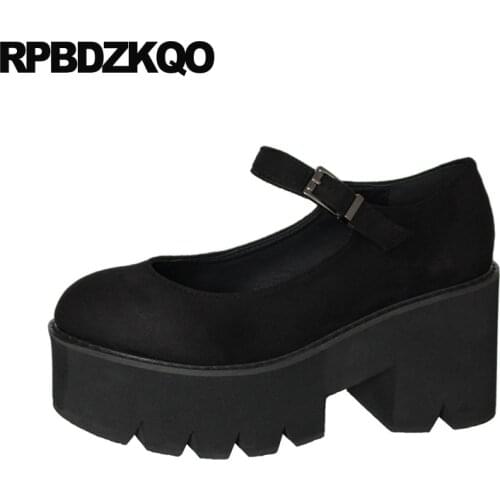 Japanese thick platform 2019 pumps black chunky round toe ladies block autumn strap suede sweet lolita shoes high heels cute