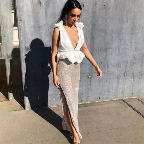 Hot Sale Women Sexy Deep V Neck White Mesh Beading Sequins Glitter Chic Jumpsuit 2020 Fashion Bodycon High Street Autumn Rompers