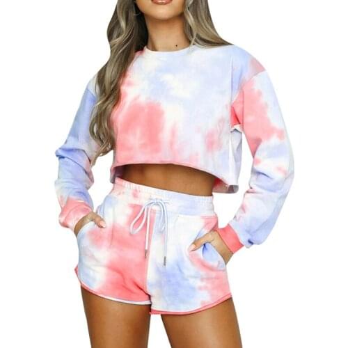 2pcs Women Tie-dye Sweatshirt Set Long Sleeve Top Drawstring Pants Sets Sports Casual Loose Fashion Homewear Tops
