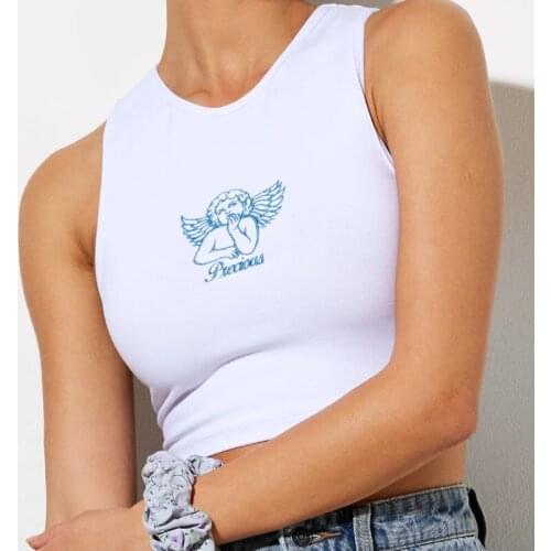 Stylish Casual Angel Embroidery Cropped Tank Top Sleeveless Wild Slim Fitting Round Neck Vest for Women Summer Clothes