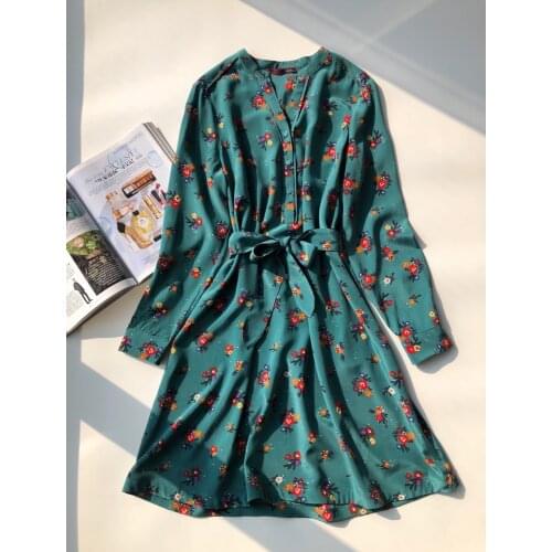 Women Dress Green Print Vintage Tone Forest Green Classic Silk Mini Dress