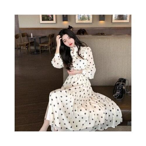 Luck A Women Spring Long Sleeve Chiffon Maxi Dress Vintage Polka Dot Female Boho Dress Casual Holiday Lady Beach Dress Vestido