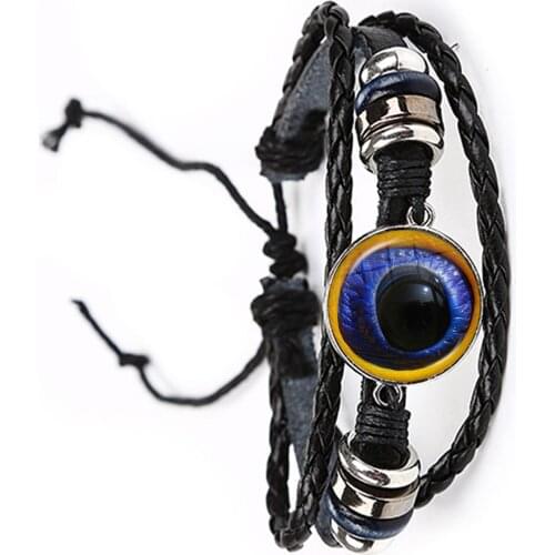 Animal Eyes Dragon Snake Owl Cat Tiger Eyes 20mm Glass Cabochon Bracelet Handmade Jewelry Leather Bangle For Women Men Gift