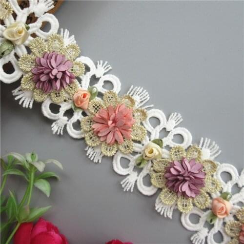 1 yard Gold Colorful 3D Leather Flower Embroidered Lace Trim Ribbon Fabric Handmade DIY Garment Sewing Craft Gift Decorative 6CM