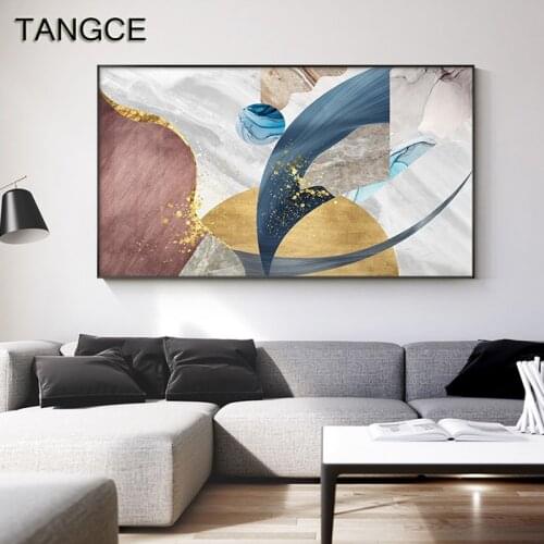 Abstract Golden Geometric Canvas Painting Blue Color Block Wall Art Pictures Nordic Luxury Decoration Posters Prints Home Decor