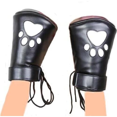 BDSM PU Leather Padded Lined Fist Mitts Gloves Restraint Mittens,Paw Print Paws Mitts,Unisex Bondage Puppy Palm Play Sex Toys