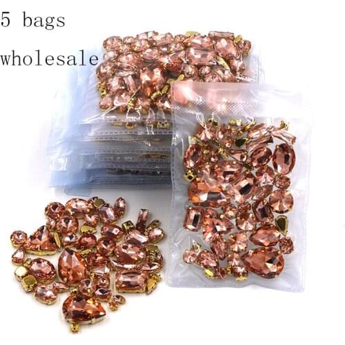Free shipping Wholesale 5 bags mixed shape sew on glass Water red gold base rhinestones diy dress/Clothing accessories