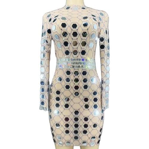 Shining Sequined Half High Collar Long Sleeve Women Dresses High-Tech Plaid Tight Stretch Short Dresses Evening Prom Outfit