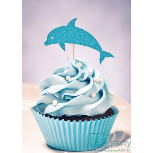 10pcs Glitter Blue DOLPHIN Cupcake Toppers, Dolphin birthday party decorations kids, Baby Shower Decorations,wedding cake topper