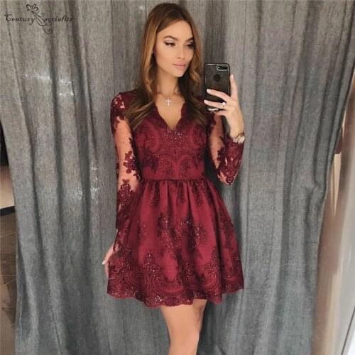 Burgundy Short Graduation Dresses Long Sleeves Lace Appliques Sequins Homecoming Dresses Simple Party Gowns Prom Dress Cheap