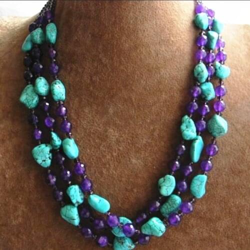 Elegant 3 rows faceted round purple stone irregular calaite turquoises beads necklace romantic women jewelry 17-19inch BV359