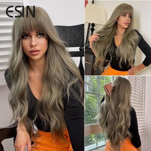 ESIN Long Water Wave Synthetic Wigs with Bangs Olive Grey for Women Cosplay Party Natural Heat Resistant