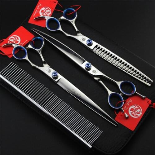 Purple Dragon 7/8 Inch Professional Dog Grooming Scissors Pets Shears Set Cutting+Curved+Thinning+Steel Comb+Case High Quality