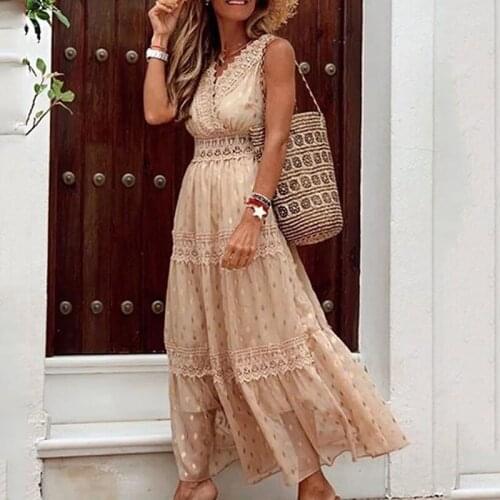 Foridol vintage gold polka dot long dress elegant sleeveless v neck party dress boho summer autumn beach blue dress vestidos