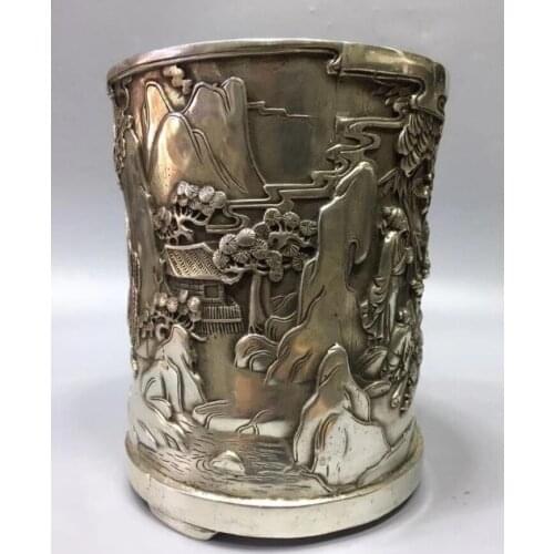 Chinese White copper landscape Brush pot crafts statue