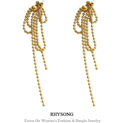 RHYSONG 316L Stainless Steel Multipurpose Stud Small Round Gold Beads Chain Tassel Fireworks Earrings For Women Evening Party
