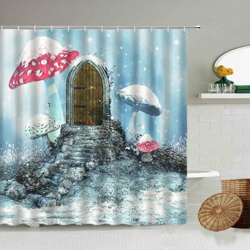 Cartoon Mushroom Shower Curtain Fantasy Winter Snow View Sugar Wooden House Child Bathroom Decor With Hook Screen Holiday Gift