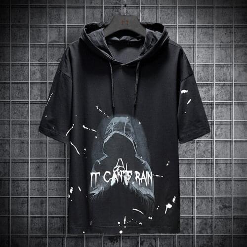 Mens cotton Hoodies Men 2021 Summer Black Graffiti Short Sleeves Sweatshirt Hip Hop Harajuku Japanese Streetwear Hoodie Men