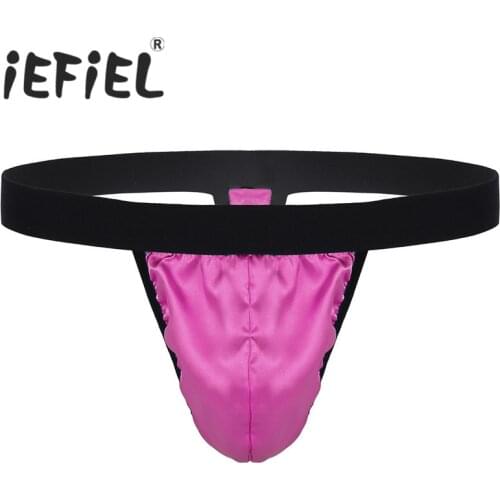 IEFiEL Mens Lingerie Soft Shiny Satin Low Rise High Cut Bikini G-string Male Jockstrap Sissy Thong Panties for Lingerie Night