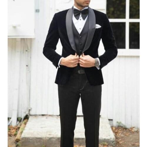 Black Velvet Men Suit Wedding Tuxedo Groom Wear Prom Party Terno Masculino 3 Pieces Jacket Trousers Vest Costume Homme