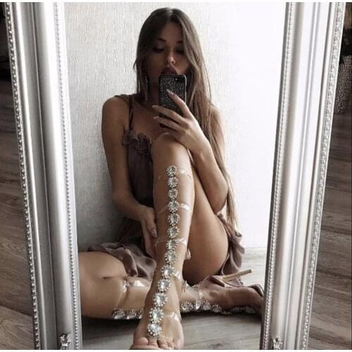 Newest Bling Women Open Toe Rhinestone Knee High Gladiator Boots Sexy Cut-out Clear Crystal High Heel Long Boots Dress Shoes