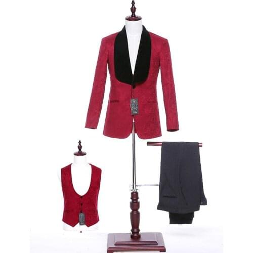 New italy mens classic suits burgundy floral jacket+vest men prom suits wedding groom tuxedo 3 piece black velvet lapel+pants