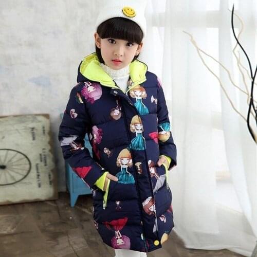 INS hot girls winter coat 4-11 years old Printed letter hooded Fake fur collar Thick cotton coat 2 colors Long warm windbreaker