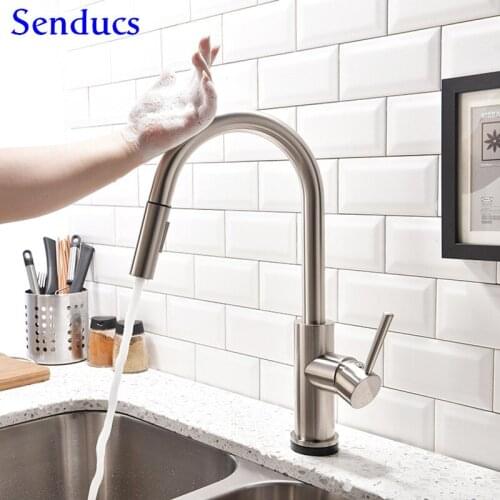 Touch Kitchen Faucet Senducs SUS304 Stainless Steel Pull Down Kitchen Faucet Quality Brushed Touching Kitchen Sink Faucet
