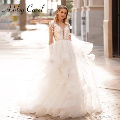 Ashley Carol Long Sleeve Wedding Dress 2021 Elegant Beaded V-neckl Appliques Backless Ruffles A-Line Bride Dresses Vestido Noiva
