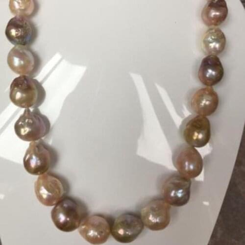 Gorgeous 13-14mm freshwater baroque multicolor pearl necklace 18inch 925silver W