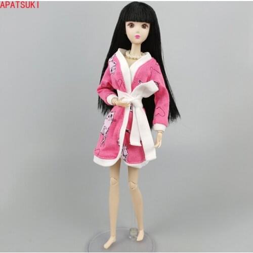 Hot Pink Kitty Cat Robe For Barbie Doll Bathroom Suits Winter Pajamas Wear Sleeping Casual Clothes For Blythe Playhouse Toys