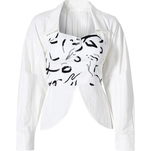 SeeBeautiful Simple Hand Paint Stitching Loose Shirt Lapel Long Sleeve Fake Two Pieces Women Summer Autumn 2021 New Fashion G193