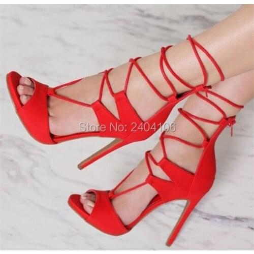 Red Black Yellow Ladies Party Shoes Stiletto Gladiator Sandalia Peep Toe Sexy High Heels Cross-ties Lace-up Summer Sandals Women